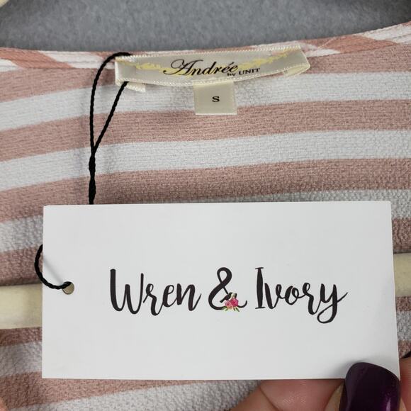 Andree By Unit Size S Ruffle Sleeve Tie Up Button Down Mauve Pink Stripe Beachy - Picture 5 of 9